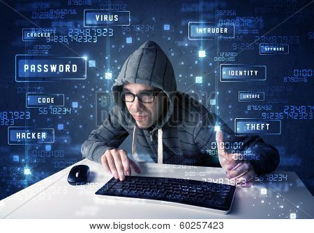 Hacker programing in technology enviroment with cyber icons and symbols