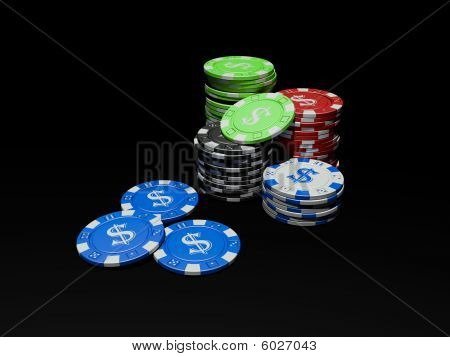 3D poker žetony na černém pozadí