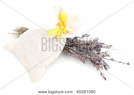Textile sachet pouch with dried lavender flowers isolated on white