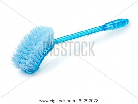 Blue long handled cleaning brush isolated on white