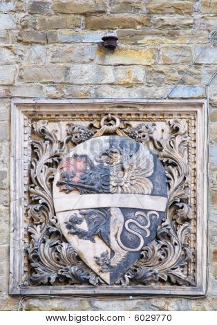 Brasão medieval na parede de pedra