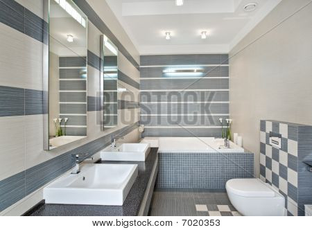 Modern Bathroom In Blue And Gray Tones With Mosaic