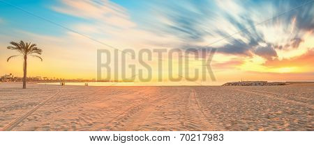 Barceloneta Beach in Barcelona at sunrise