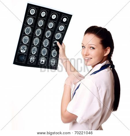 Woman Doctor With X-rays Of Brain