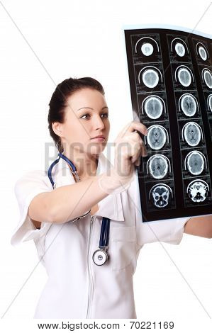Woman Doctor With X-rays Of Brain