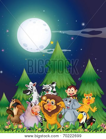 Illustration of the animals near the pine trees under the bright fullmoon