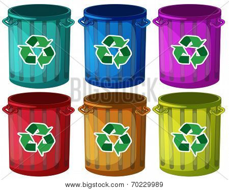 Illustration of the trashbins with recycle signs on a white background