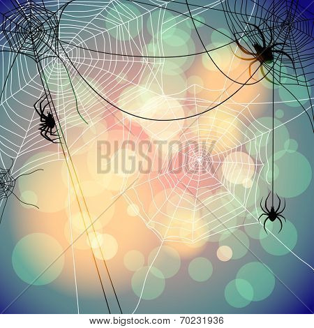 Festive background with spiders and web. Place for text. Raster version.