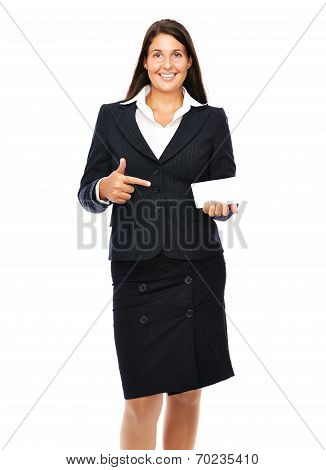 Business Card Pointing Woman