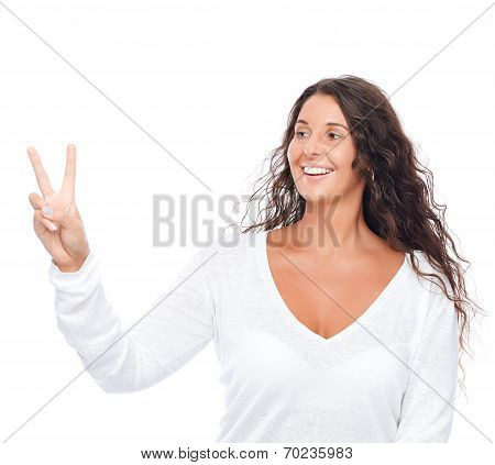 Closeup Portrait Of A Girl Showing Two Fingers