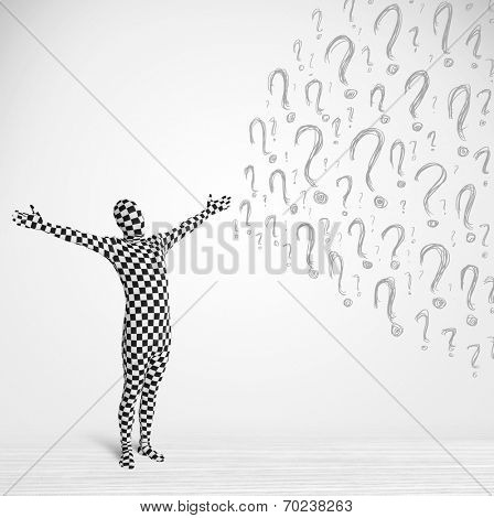 3d human character is body suit morphsuit looking at hand drawn question marks