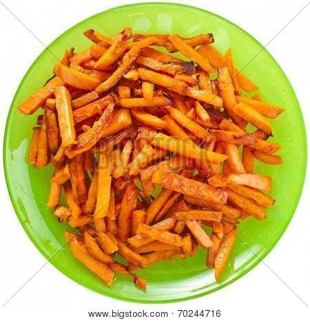  Fried Sweet Potatoes in plate top view surface  isolated on white background