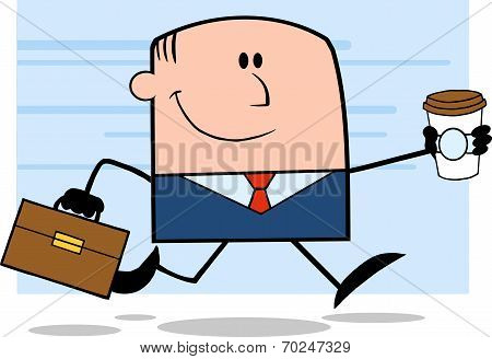 Lucky Businessman Running To Work With Briefcase And Coffee Character On Background