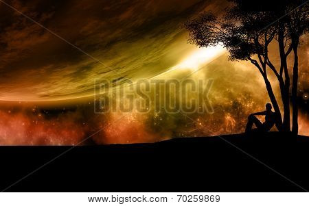3D space scene with silhouette of man sitting against a fictional sky with planets and nebula