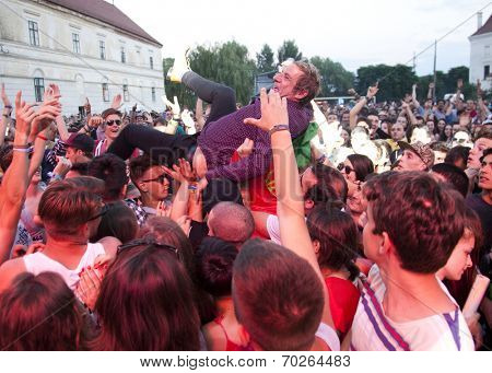 BONTIDA - JUNE 19: The London based Dub Pistols band performs live at Electric Castle Festival at June 19, 2014 in the Banffy castle in Bontida, Romania.