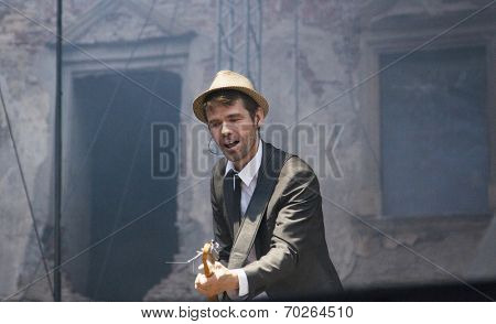 BONTIDA - JUNE 19: The London based Dub Pistols band performs live at Electric Castle Festival at June 19, 2014 in the Banffy castle in Bontida, Romania.