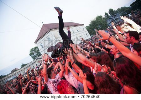BONTIDA - JUNE 19: The London based Dub Pistols band performs live at Electric Castle Festival at June 19, 2014 in the Banffy castle in Bontida, Romania.