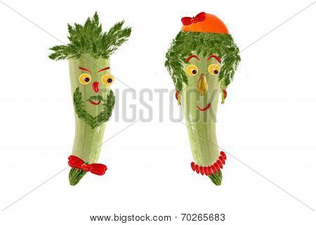 Two Funny Portrait Of Men And Women, Made from Zucchini And Fruit