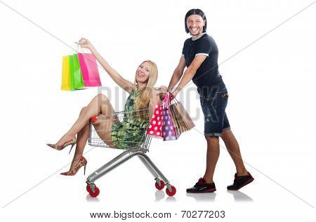 Happy family pair of wife and husband after shopping