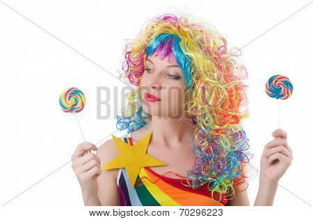 Pretty girl with lollypops isolated on white