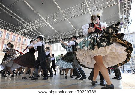 ZAGREB, CROATIA - JULY 19: Members of folk groups Nograd  from Salgotarjan, Hungary during the 48th International Folklore Festival in center of Zagreb, Croatia on July 19, 2014