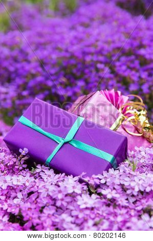Postcard Vertical Two Gifts Atop A Sea Of Spring Flowers