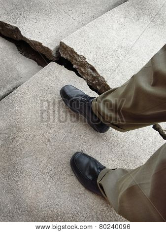 Man walking on broken dangerous cracked sidewalk