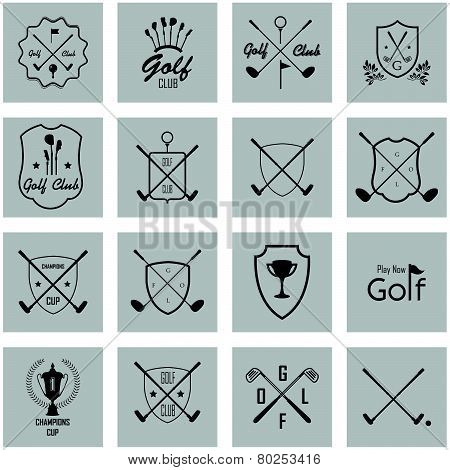 Set Of Vintage Golf Labels, Badges And Emblems On A Grey Background. Golfing Champion Labels And Ico