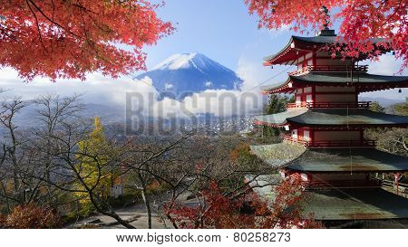 Image Of The Sacred Mountain Of Fuji In The Background Of Blue Sky