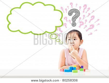 Thinking Little Girl With Question Mark Over Head And Empty Bubble Isolated On White Background