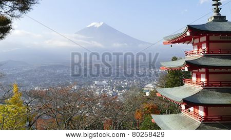 Image Of The Sacred Mountain Of Fuji In The Background Of Blue Sky