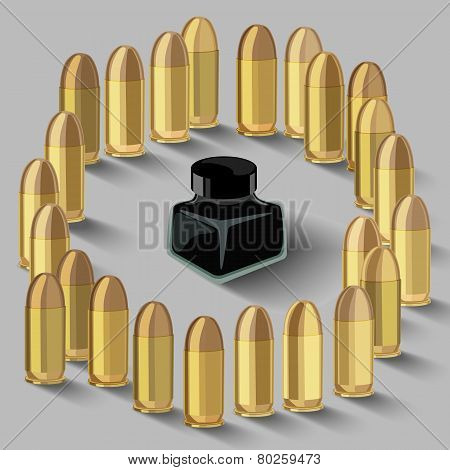 Ink Bottle Surrounded By Bullets