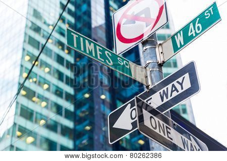 Times Square signs & W 46 st New York daylight US