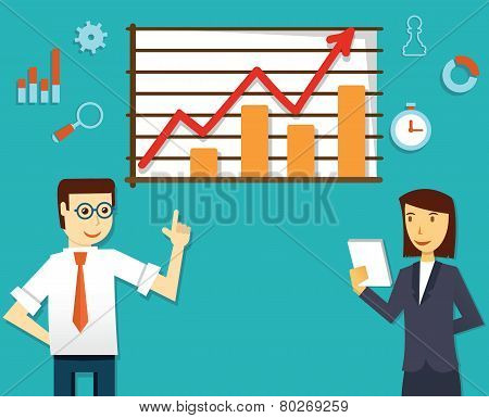Vector Illustration Of Ecommerce Market Of Web Analytics. Businesspeople And Development