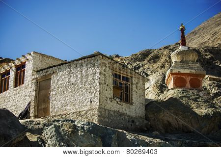 Buddhist stupas in Diskit Monastery, Ladakh, India - September 2014