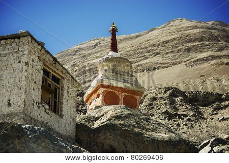 Buddhist stupas in Diskit Monastery, Ladakh, India - September 2014