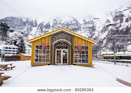 Flam, Norway - December 28, 2014: Station old Flam Railway. Flamsbana museum.