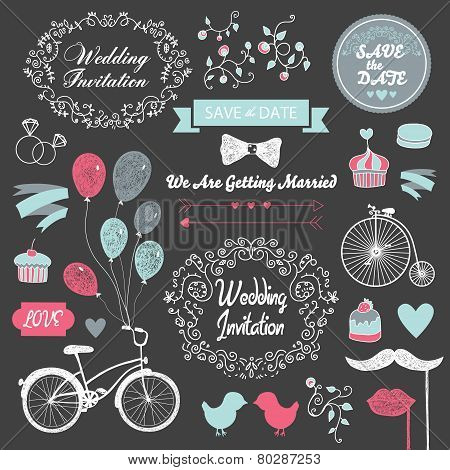 vector set wedding vintage hand drawn invitation