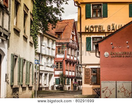 ULM, GERMANY - MAY 12,2014 - In the old streets of Ulm in may 12, 2014. Ulm is a city in the federal German state of Baden-Warttemberg, situated on the River Danube.