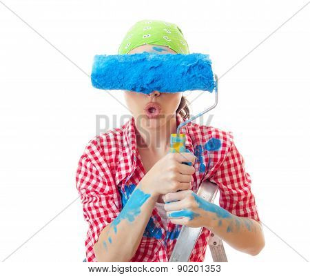 Amazed Woman Painter Holding Roller Over Her Eyes, Ready For Wall Painting Or New Home Renovating, I