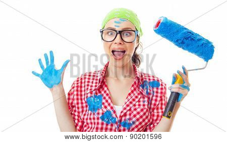 Shocked Woman With Roller Ready For Wall Painting Or New Home Renovating, Isolated On White