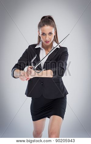 Business Woman Fighting With Sword