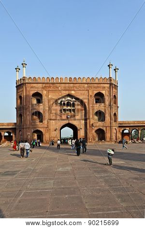 Worshipers Walk On Courtyard Of Jama Masjid Mosque In Delhi