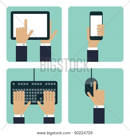 collection of 4 flat hand with communication concept. using tablet, using smart phone, using keyboar