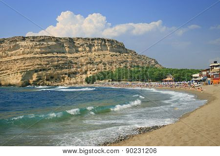 Coast of Crete island in Greece. Red Beach of famous Matala.