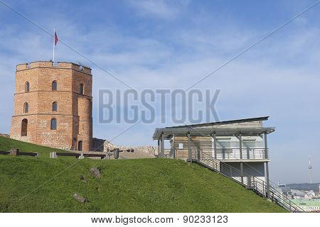 Exterior of the Gediminas tower and the funicular upper station at the Gediminas hill in Vilnius, Li