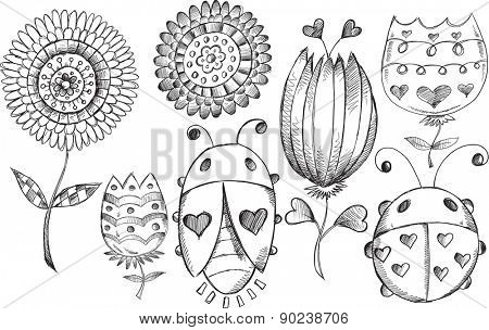 Doodle Sketch Spring Flower Bug Vector Illustration Set 