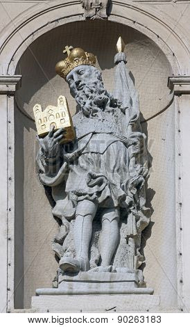 VIENNA, AUSTRIA - OCTOBER 10: Statue of Saint on baroque Jesuits church. The church was built between 1623 and 1627. in Vienna, Austria on October 10, 2014.