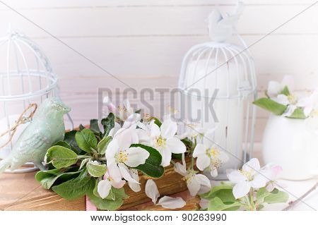 Postcard With Apple Blossom, Decorative Bird, Candles