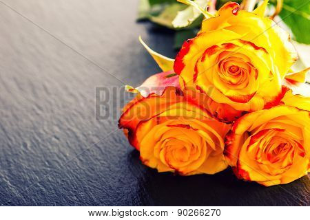 Orange rose. Yellow rose. Several orange roses on Granite background